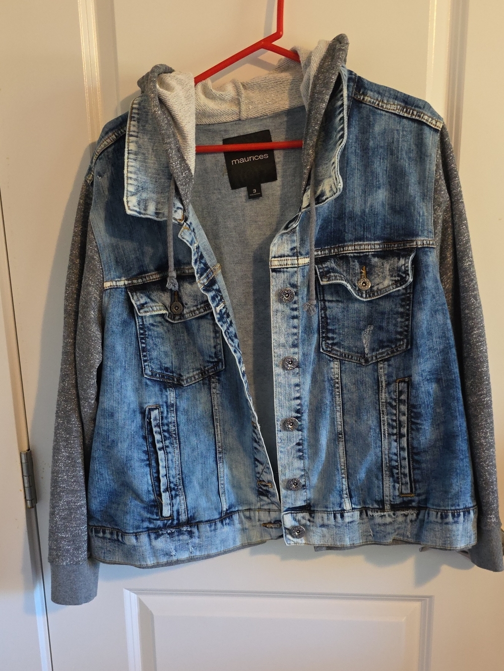 Maurices Distressed Blue Denim Jacket with Gray Hoodie Sleeves